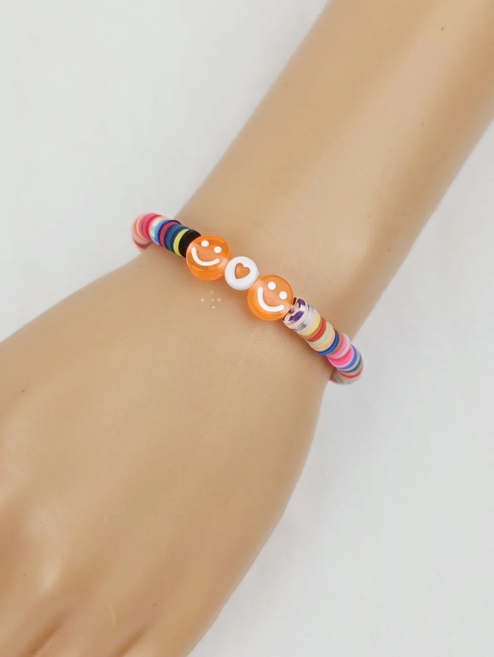 Handmade Clay Bead Multi Color Smiley Face Heart Bracelet
